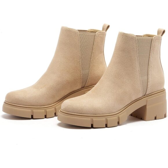 Women's Nude Chelsea Boots Elastic Chunky Heel Platform Lug Sole Ankle Boot - Picture 7 of 7